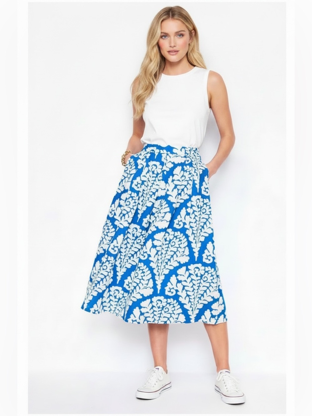 Boden Verity Linen Midi Skirt Blue White Print NWT US 6 Coastal